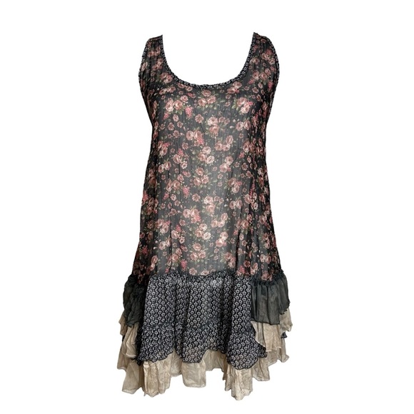 Cecico Fairy Dress M Black Pink SHEER Floral Ruffle Whimsigoth Coquette Mini - Picture 3 of 8